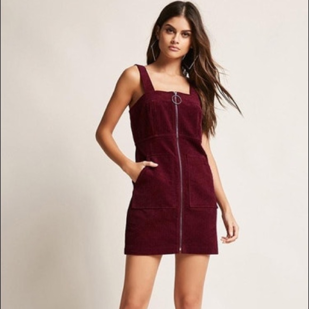 Burgundy Corduroy Front Zip Up Overall Dress